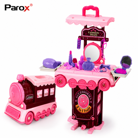 Set Trenulet de Frumusete Portabil pentru Fetite 2 in 1, Salon de Infrumusetare, Valiza pe Roti, Oglinda, Uscator de Par, Accesorii Beauty, Roz