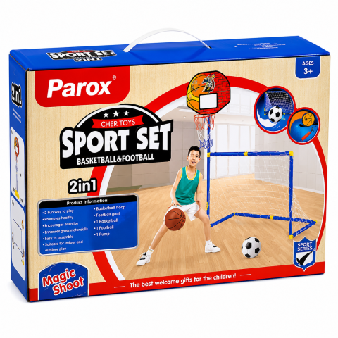 Set Sport Copii 2 in 1 Baschet + Poarta Fotbal Parox, Minge Baschet 12 cm + Minge Fotbal 14 cm, Inaltime 115 cm, Model ZG270-12, 3+ Ani