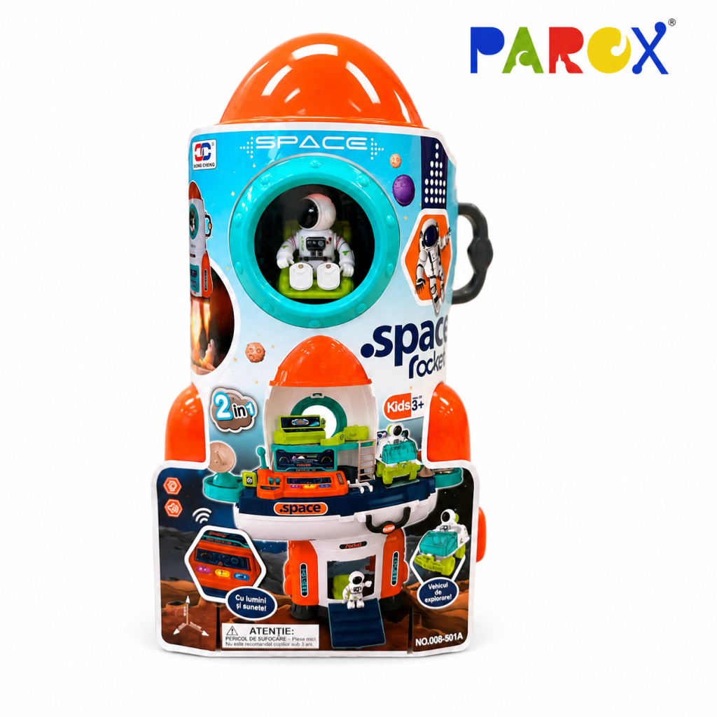 JUCARIE INTERACTIVA, nava spatiala, sunete si lumini, 2 in 1, geanta cu accesorii, 2 cosmonauti, masinuta rover, maneta si butoane cu lumini