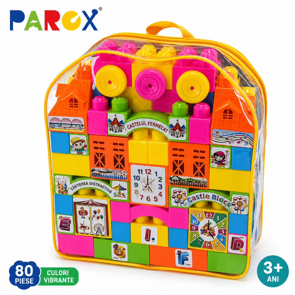 Set Cuburi de Construcție PAROX – Castel Educațional Colorat cu Ceas și Elemente Interactive, 100+ Piese