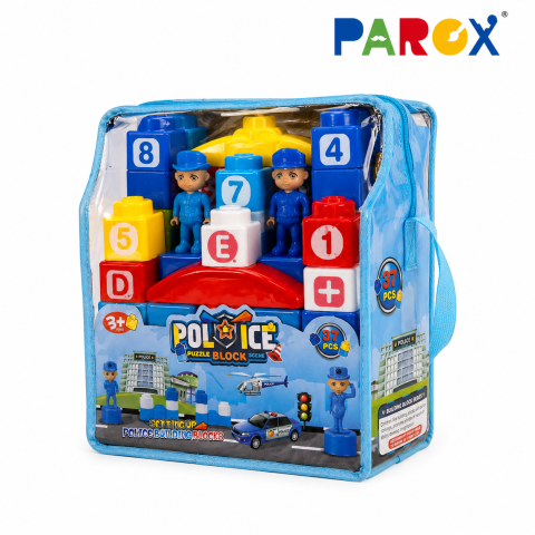 Set Cuburi de Construcție PAROX Poliție – 37 Piese, Blocuri Mari Educaționale, Geantă de Transport Inclusă, 3+ Ani
