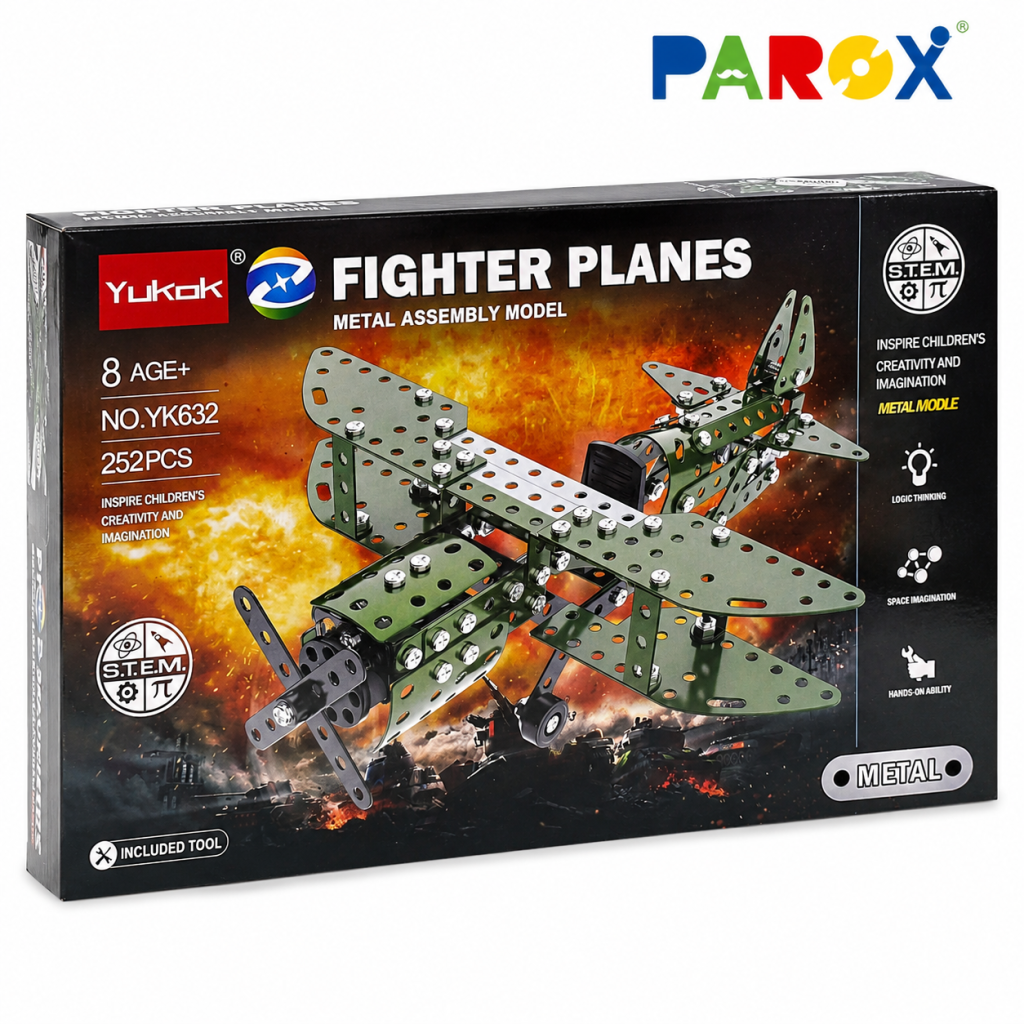 Set STEM PAROX – Avion de Vânătoare Metalic pentru Construcție, 252 Piese, Model DIY Educativ, 8+ Ani