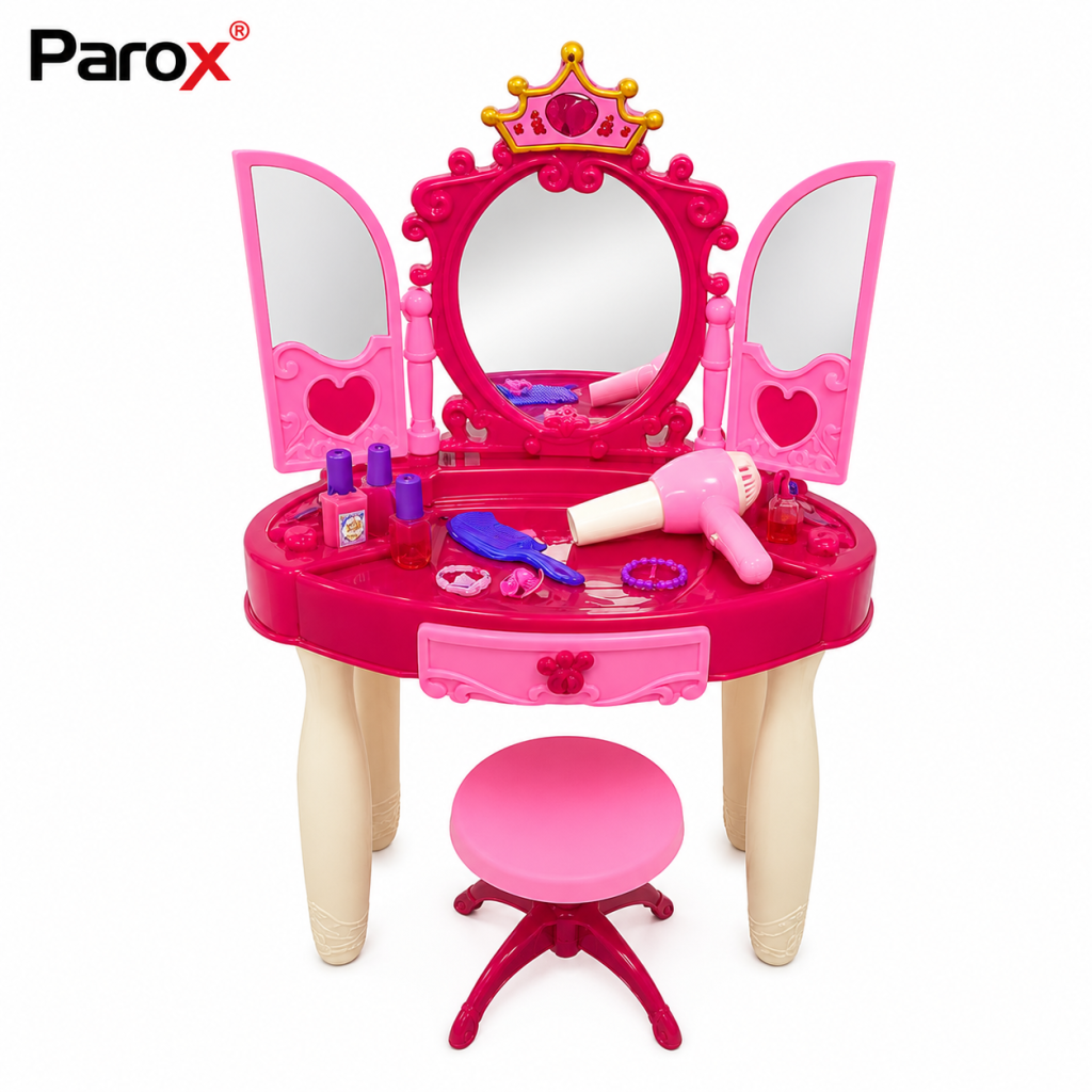 Masuta de Infrumusetare pentru Copii cu Oglinda Tripla, Scaunel, Uscator de Par si Accesorii, Lumini si Sunete, Roz, 75 cm