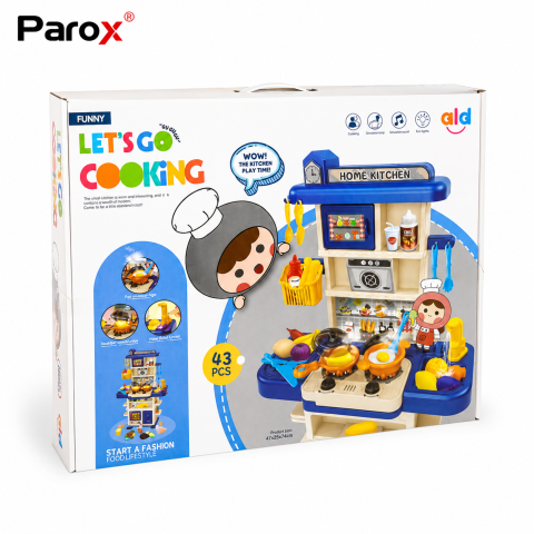 Bucătărie de Jucărie pentru Copii PAROX Home Kitchen, 43 Accesorii, Efecte Luminoase și Sunete, Aragaz, Cuptor, Chiuvetă, Frigider, Albastru, Roz,