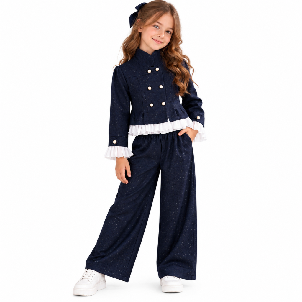 Compleu Fete Elegant Bleumarin – Sacou cu Volane și Pantaloni Largi