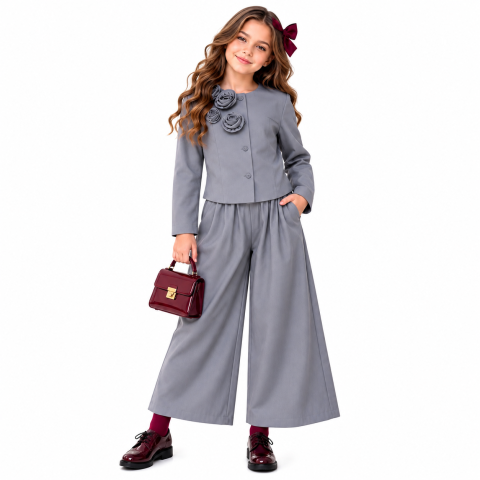 Compleu Fete Elegant Gri – Sacou și Pantaloni Evazați