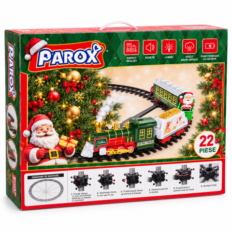 Trenulet de Craciun electric PAROX, 22 piese, lumini, sunete si abur, sine 70 cm