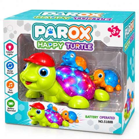 Jucărie interactivă PAROX Happy Turtle cu lumini, muzică și Bump & Go, 3+ ani