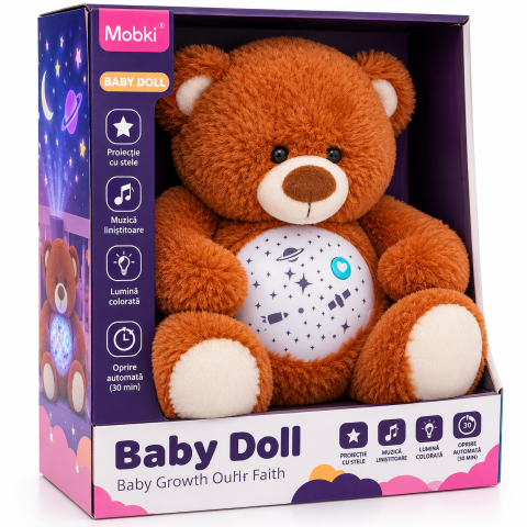 Ursuleț de pluș cu proiector de stele și muzică Baby Doll PAROX